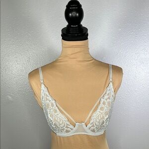 Coquette Light Blue Lace Bra – Sheer Floral Mesh, Strappy Back, Size S
